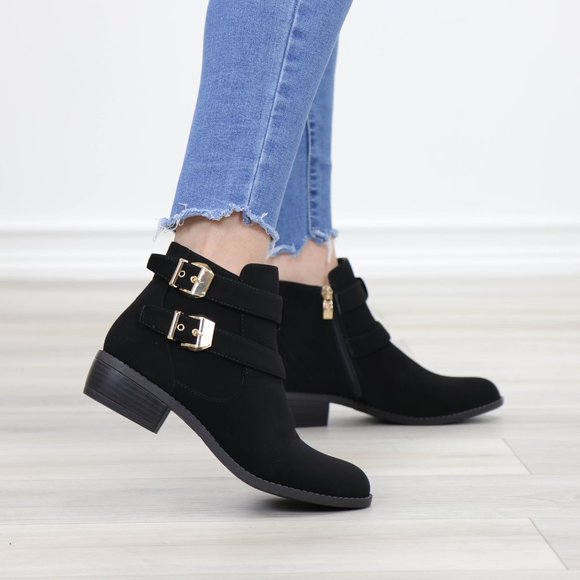Black Velvet Ankle Boots Gold Buckles Booties - Picture 6 of 13